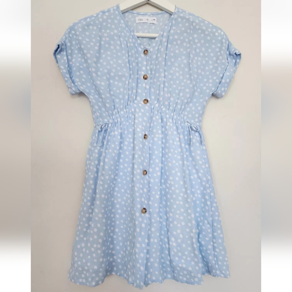 ZARA GIRLS BLUE WHITE POLKA DOT ELASTIC WAIST LIGHT DRESS SZ.8 - Picture 9 of 10